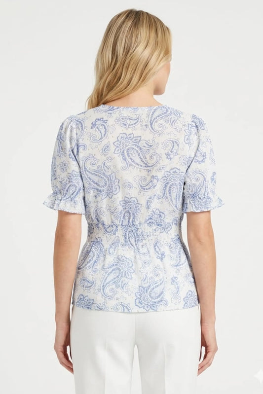 Alex & Parker Blue Paisley Smocked Faux-Wrap Day Top