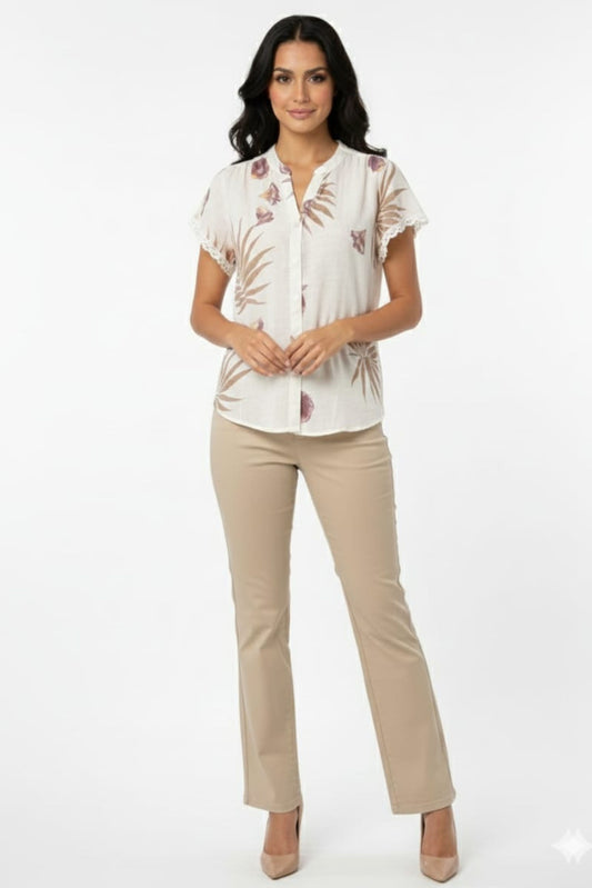 Alex & Parker Tropical Palm Print Short Sleeve Button-Down Blouse