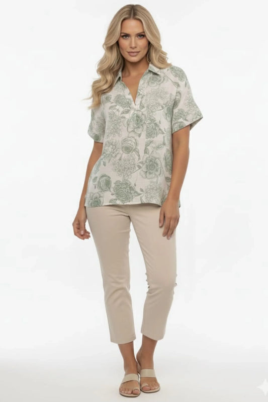Alex & Parker Ivory Olive Floral V-Neck Blouse