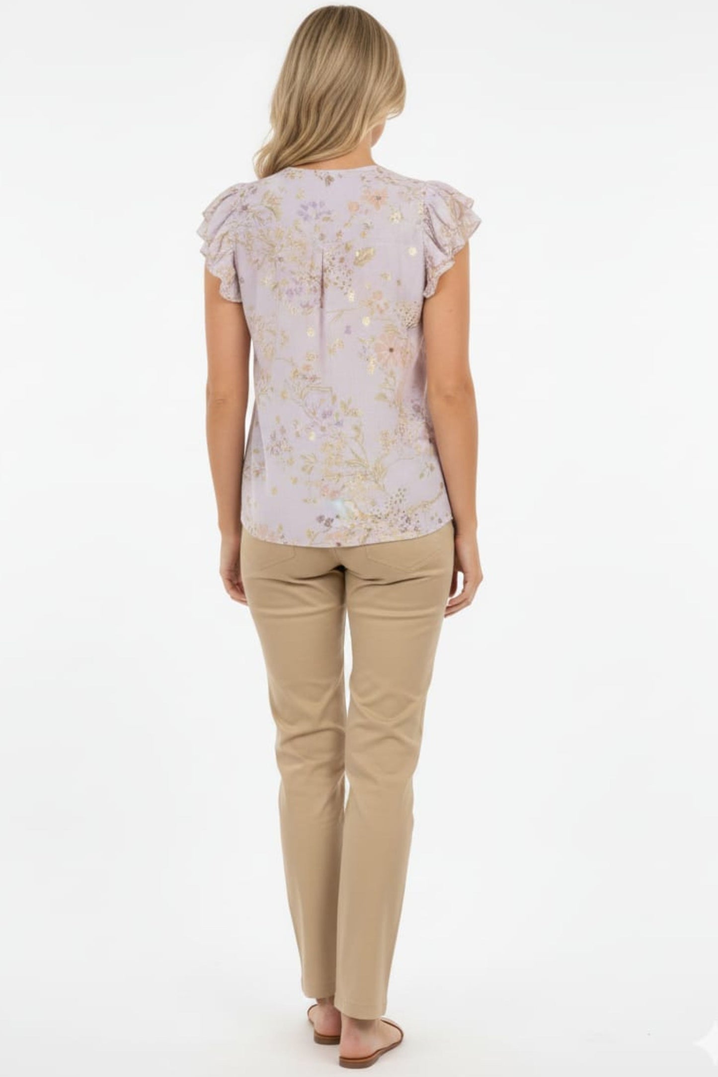 Alex & Parker Lavender Gold Floral Flutter Sleeve Button-Down Blouse