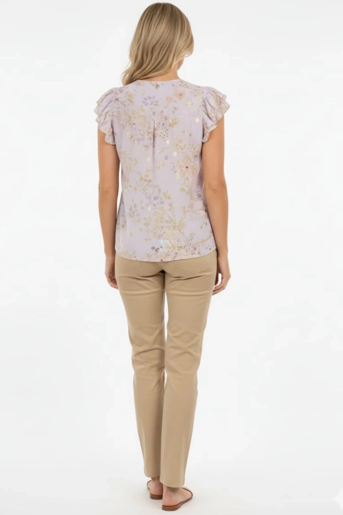 Alex & Parker Lavender Gold Floral Flutter Sleeve Button-Down Blouse
