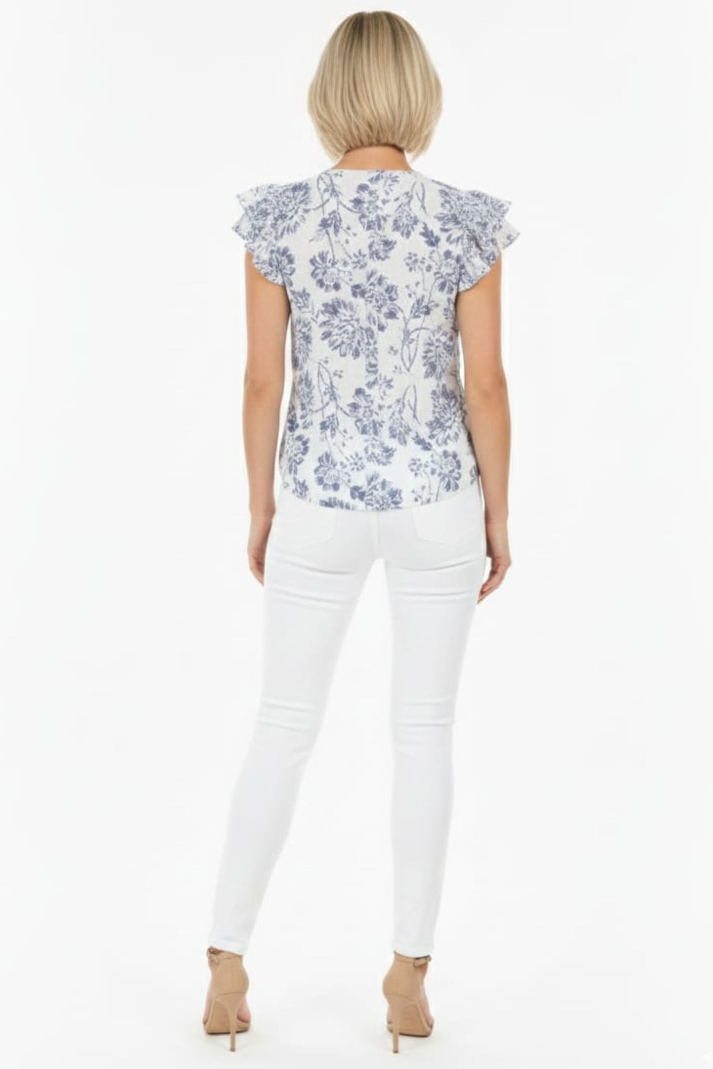 Alex & Parker Ivory Navy Floral Print Flutter Sleeve Button-Down Blouse