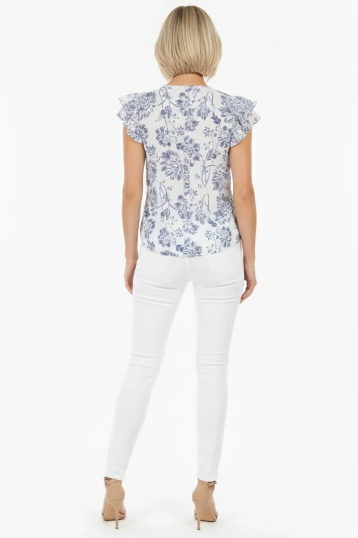 Alex & Parker Ivory Navy Floral Print Flutter Sleeve Button-Down Blouse