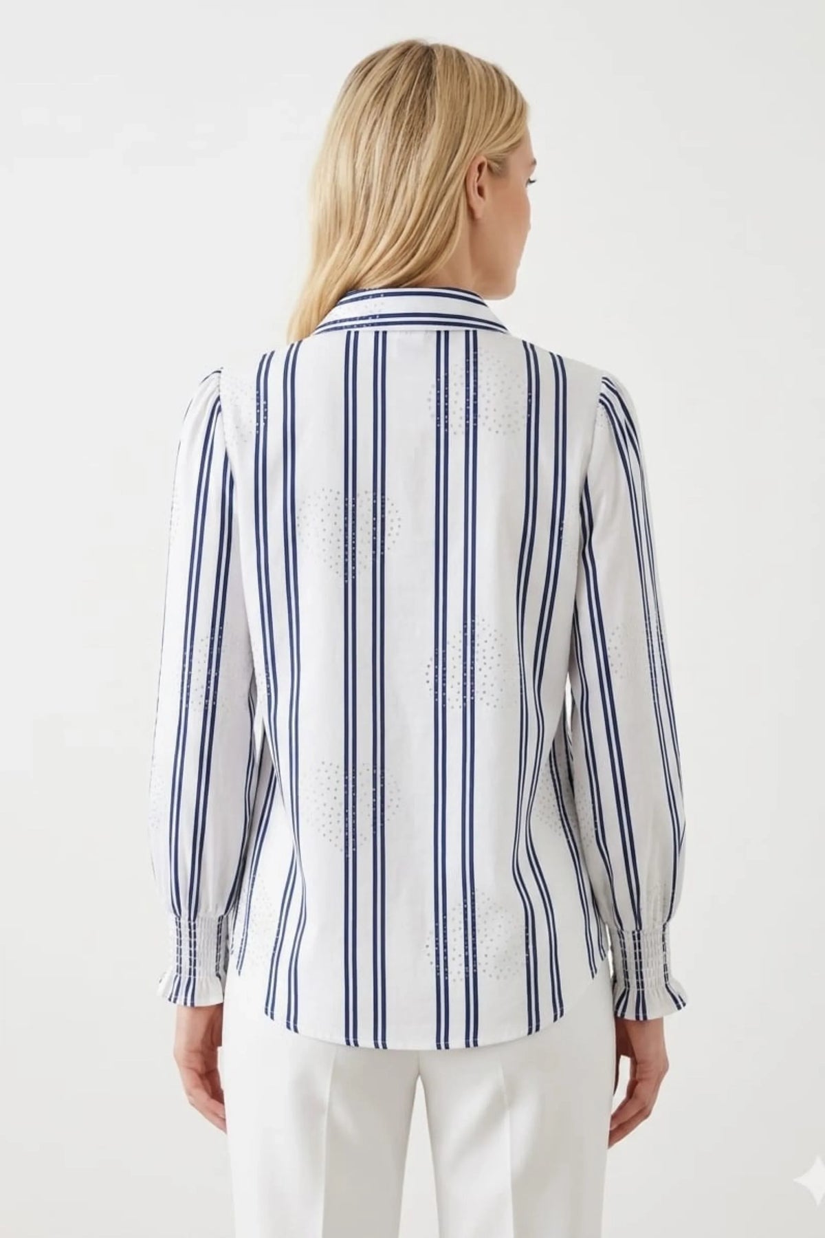 Alex & Parker Ivory & Silver Striped Button-Down with Smocked Cuffs