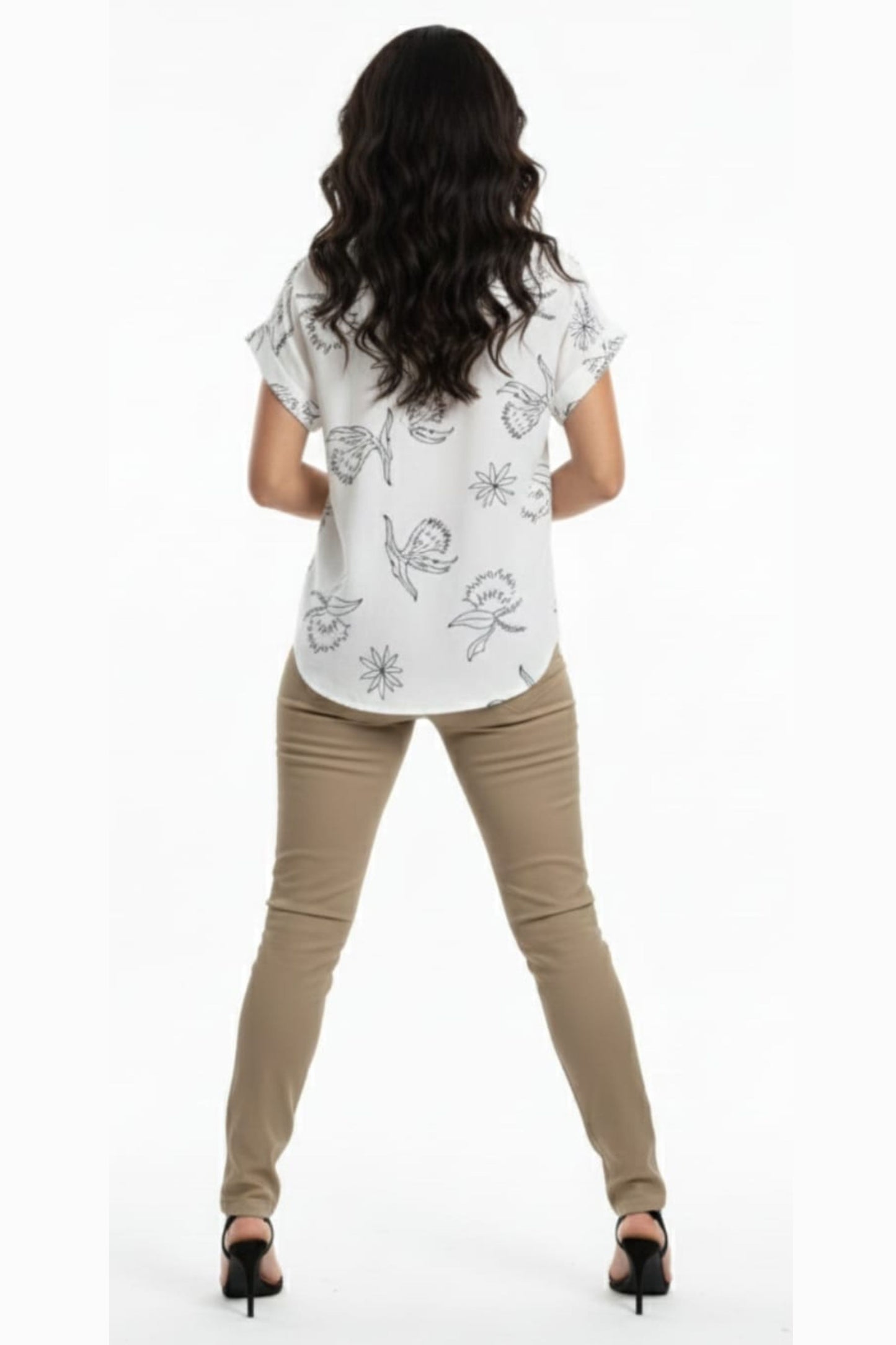 Alex & Parker White Navy Tropical Line Art Button-Down Blouse