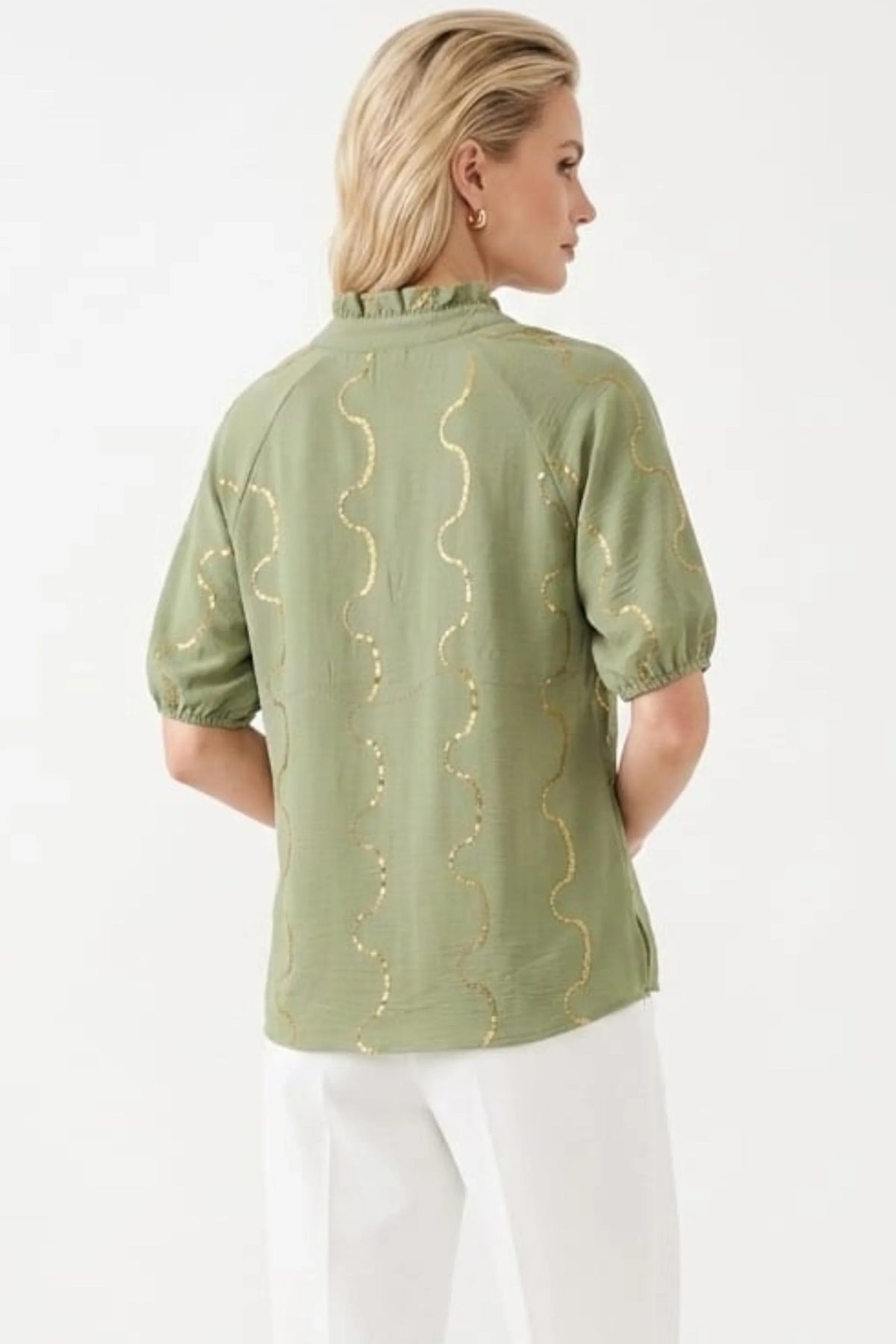 Alex & Parker Sequin Wavy Stripe Split-Neck Day Top