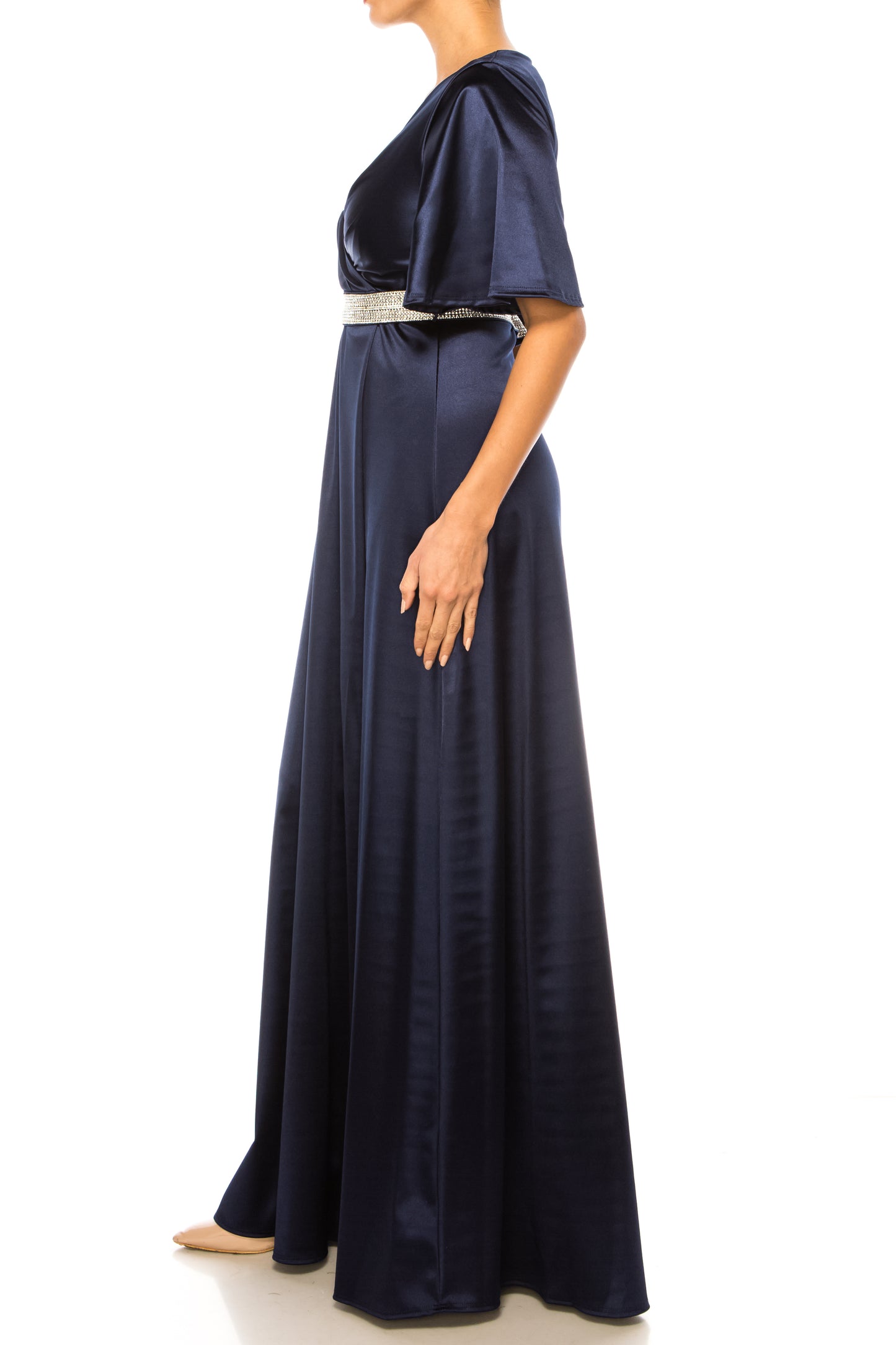 Aspeed Rhinestone Belt V-Neck Long Evening Dress