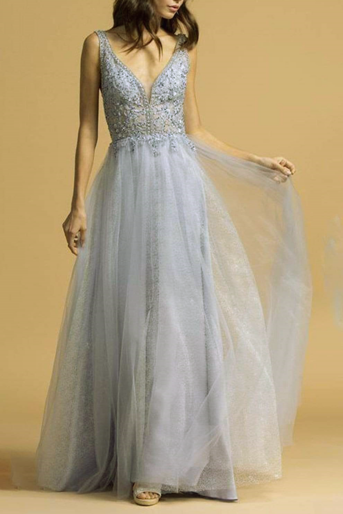Aspeed Embellished V-Neck A-Line Evening Gown