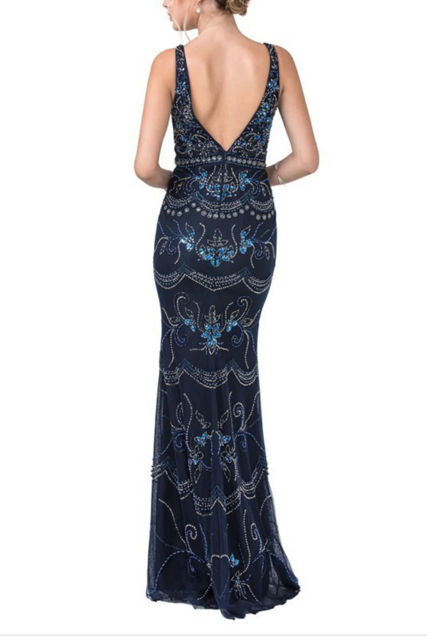 Aspeed Beaded & Sequined V-Neck Long Evening Dress