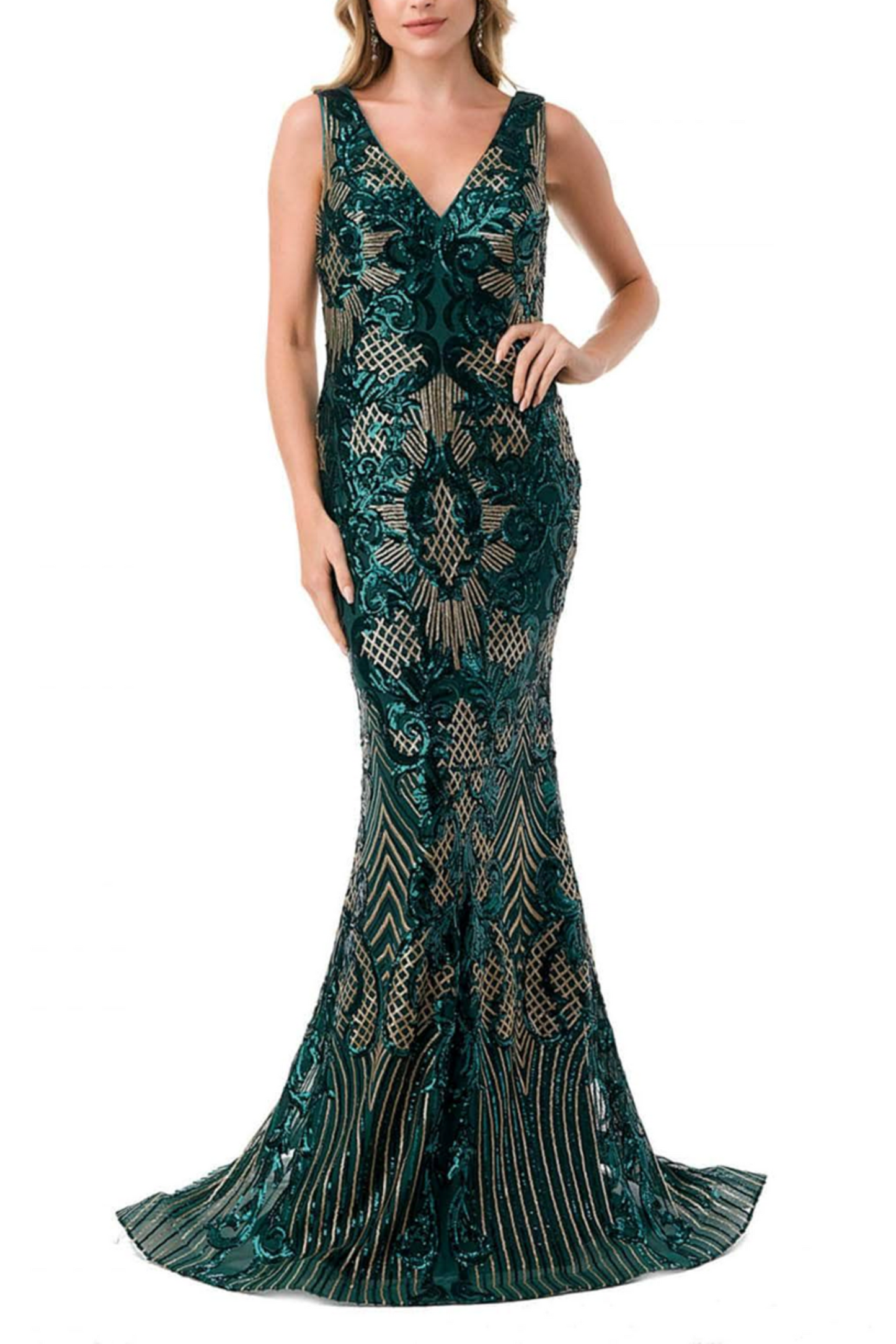 Aspeed V-Neck Sequined Evening Mermaid Dress