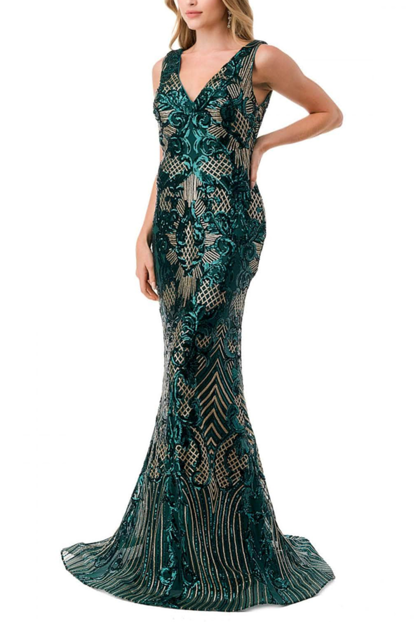 Aspeed V-Neck Sequined Evening Mermaid Dress