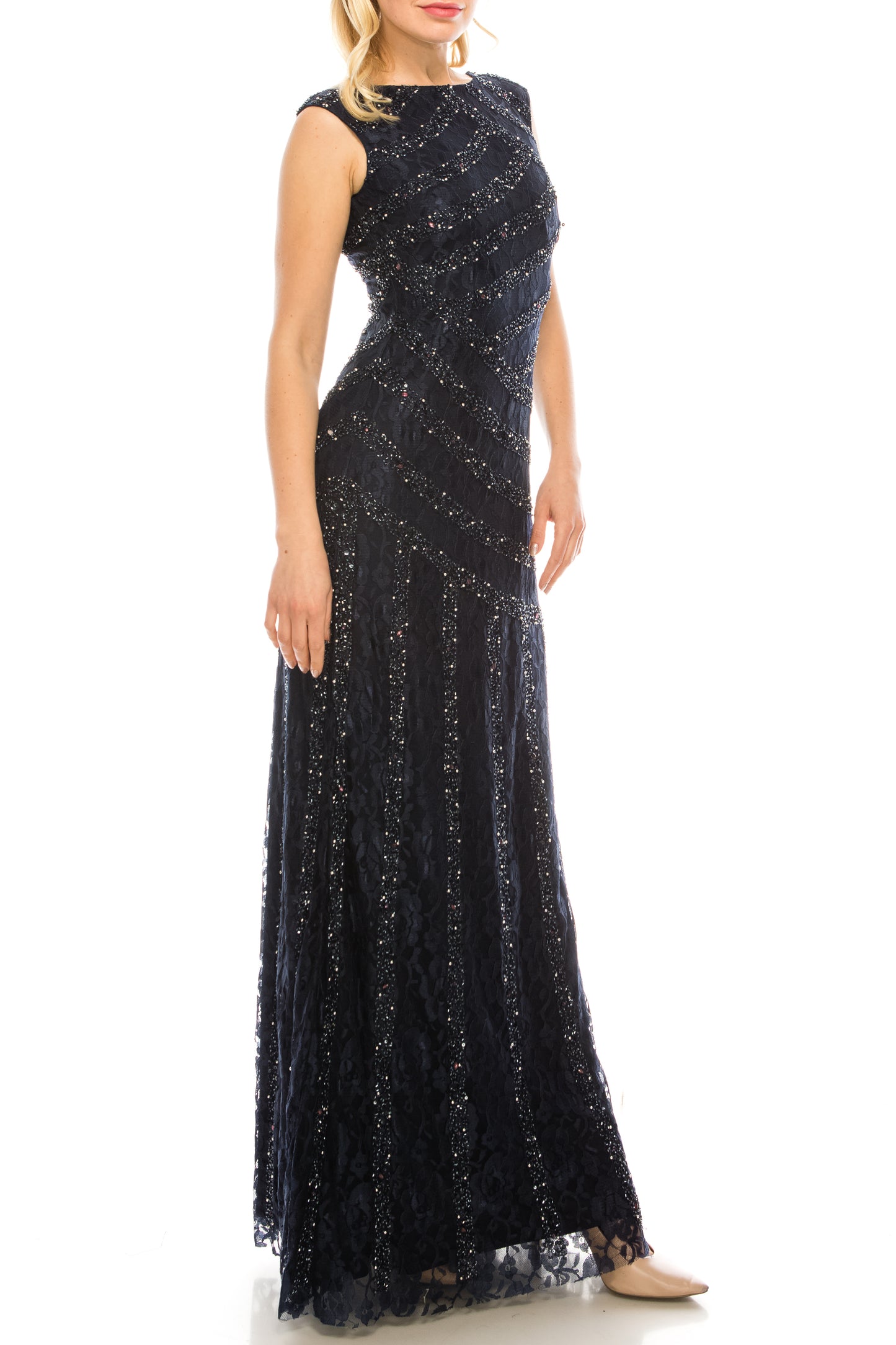 Aidan Mattox Cap Sleeve Embellished Lace Dress