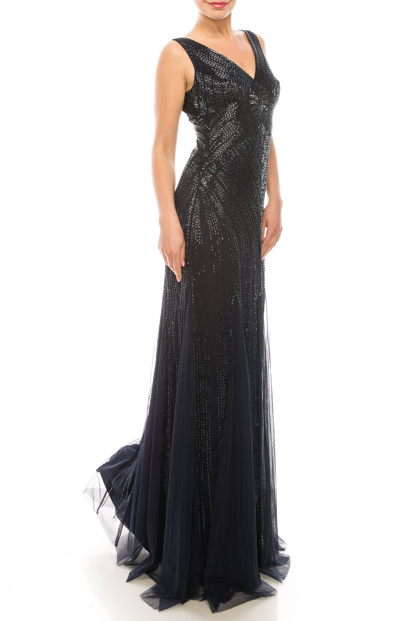 Aidan Mattox V-Neck Sleeveless Beaded Evening Gown