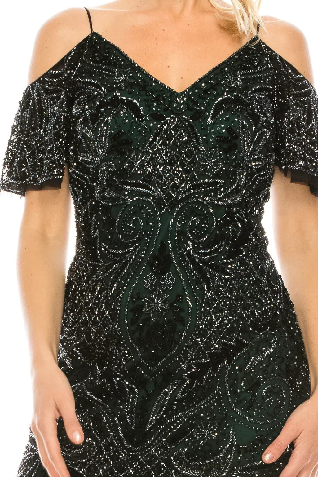 Aidan Mattox Cold Shoulder Beaded Mesh Dress