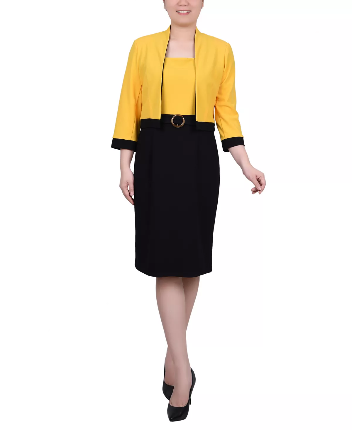 Allen Kay Contrast Belted Cropped Jacket Dress