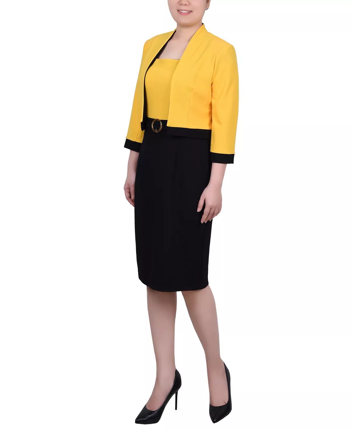 Allen Kay Contrast Belted Cropped Jacket Dress