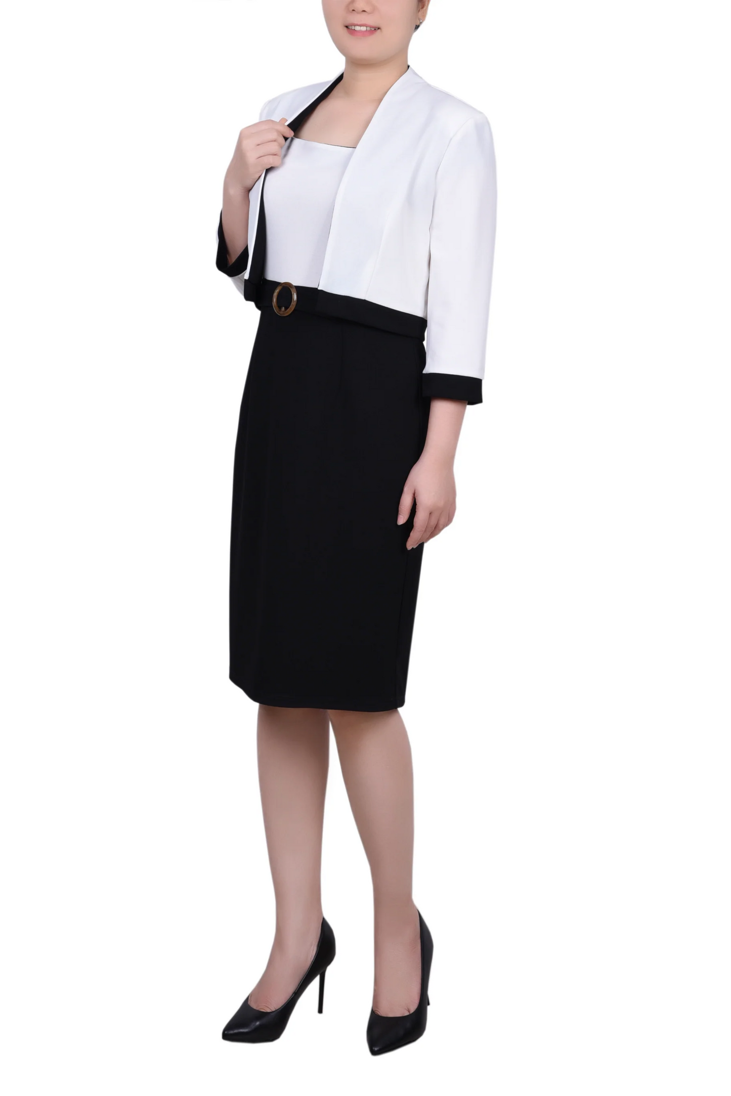 Allen Kay Contrast Belted Cropped Jacket Dress