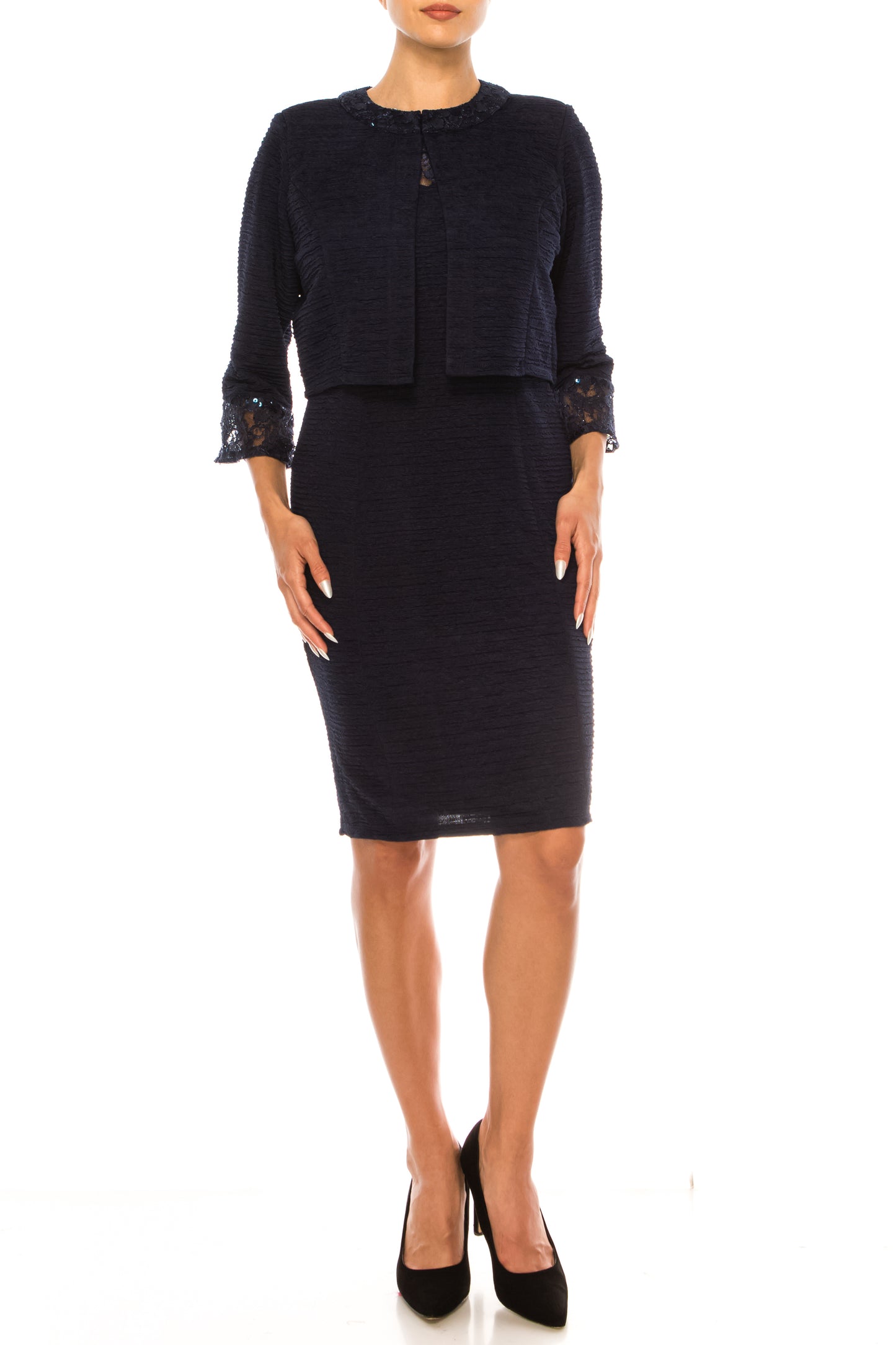 Allen Kay Embellished Lace Trim Jacket Dress Set