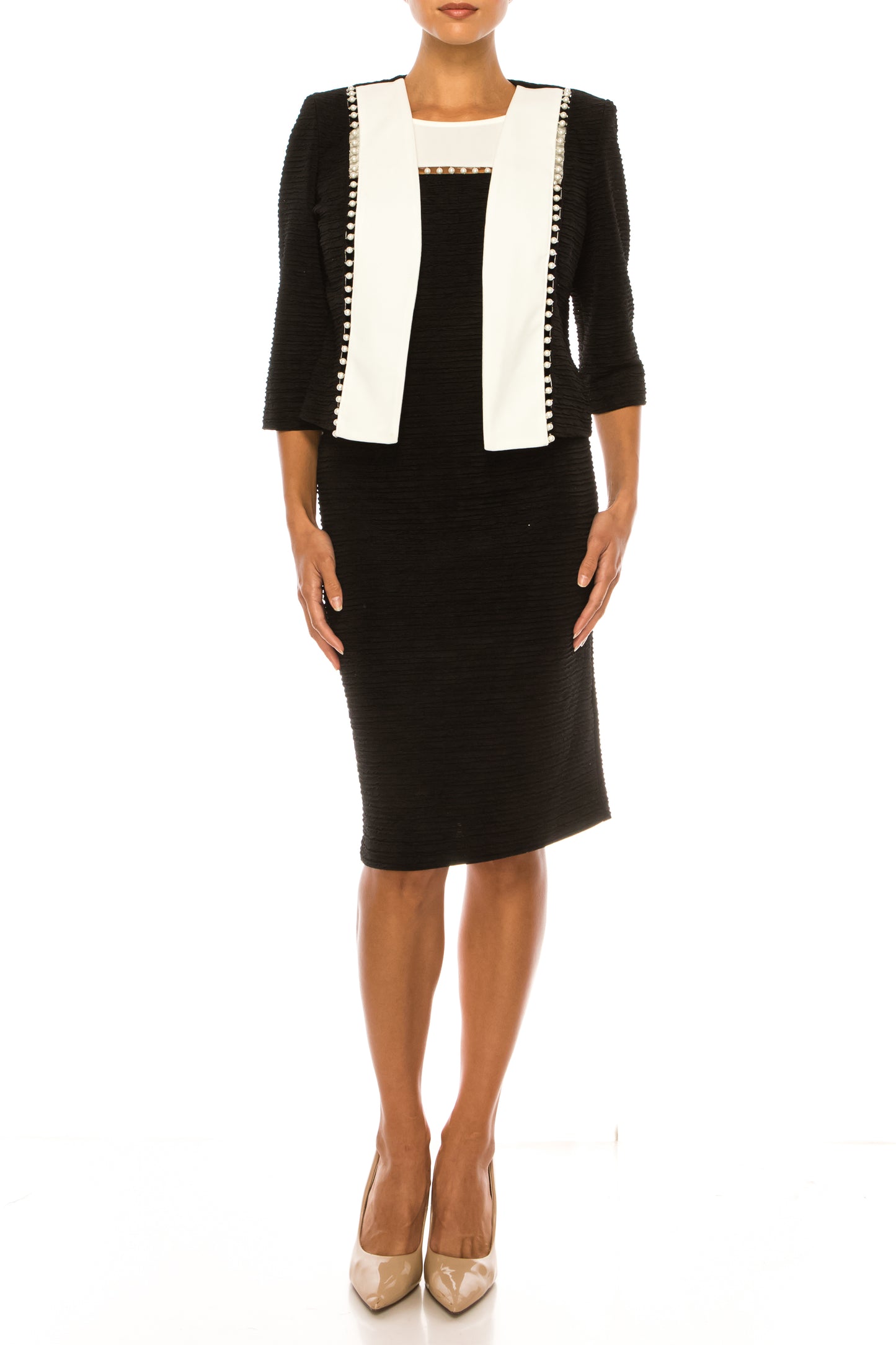 Brianna Milay Pearl Accented Contrast Jacket Dress