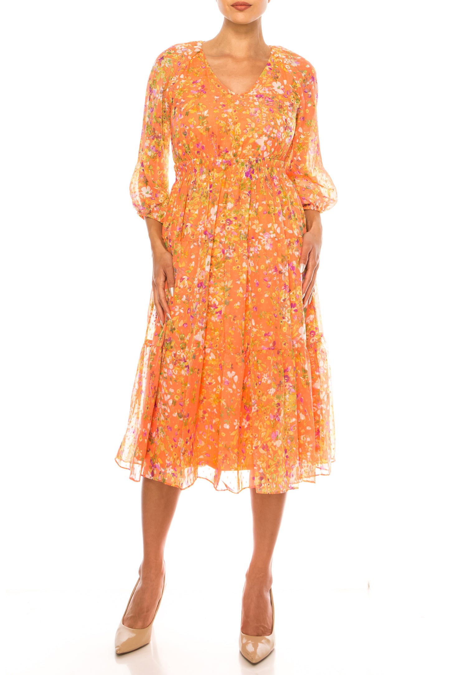 Bleeker 126 Floral 3/4 Sleeve Tiered Midi Dress