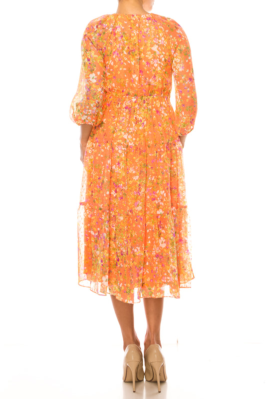 Bleeker 126 Floral 3/4 Sleeve Tiered Midi Dress
