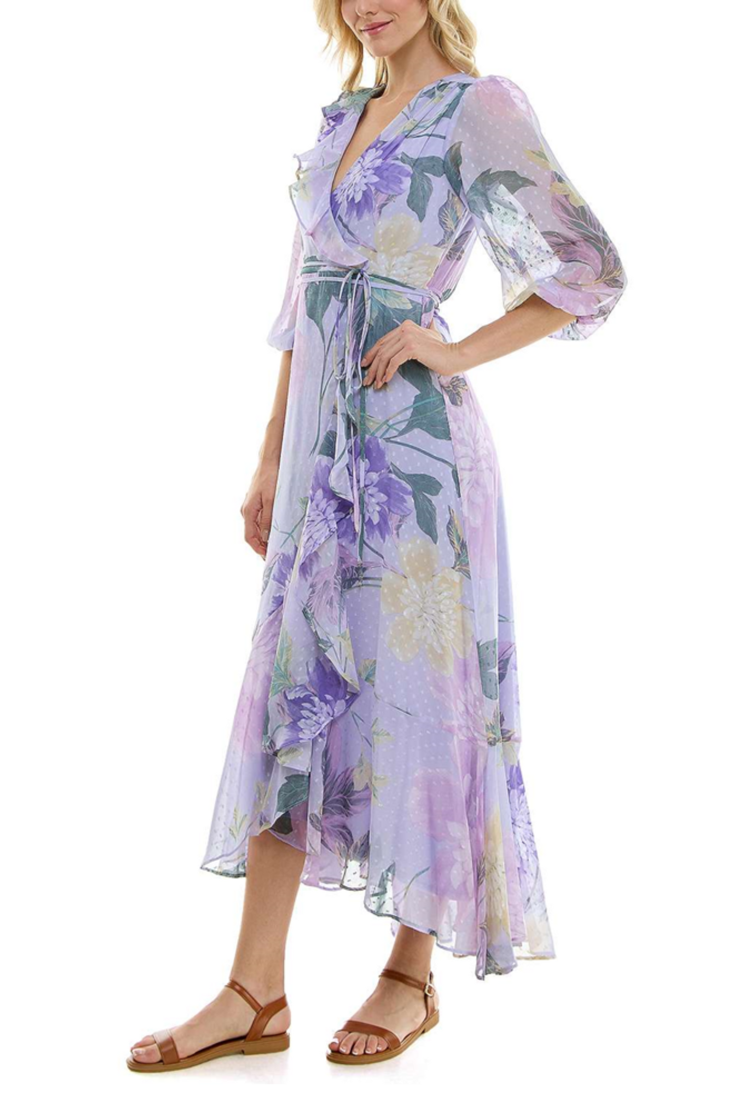 Bleeker 126 Floral 3/4 Sleeve Faux-Wrap Midi Dress