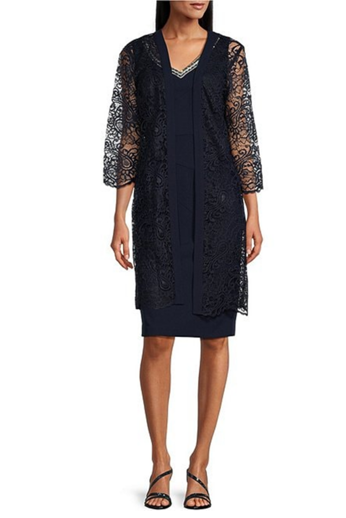 Brianna Milay Lace Duster Embellished Jacket Dress
