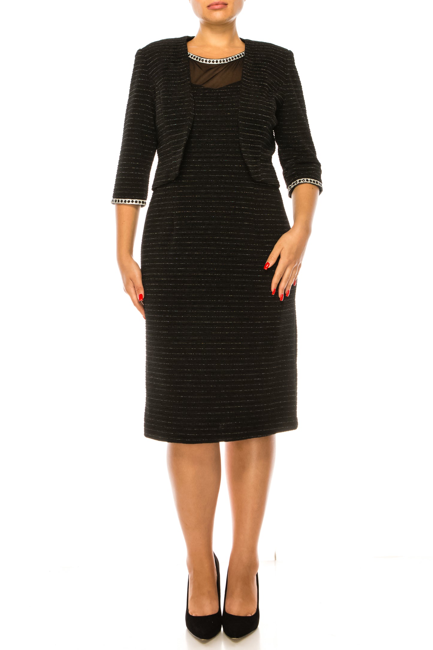 Brianna Milay Bejeweled Neck Metallic Jacket Dress