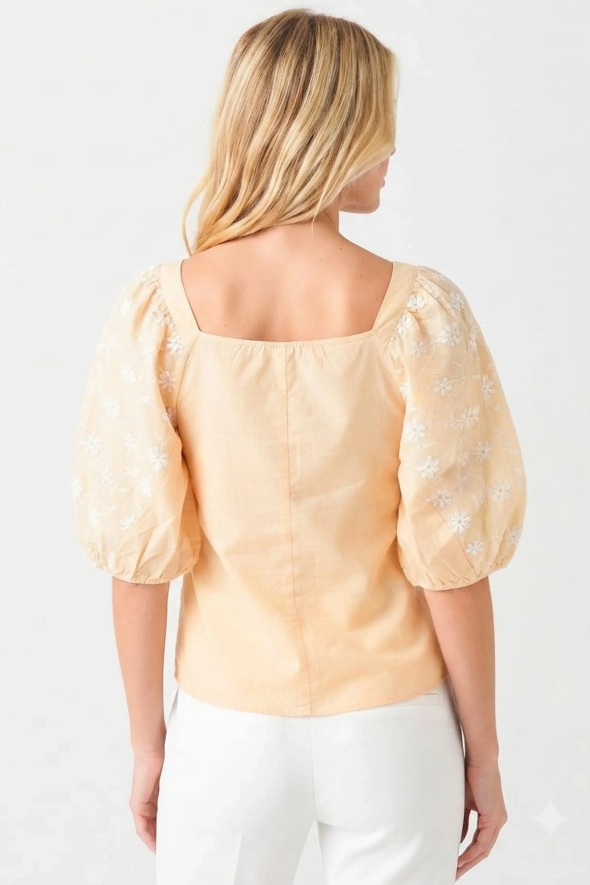 Hester & Orchard Tan Square-Neck Eyelet Puff-Sleeve Top