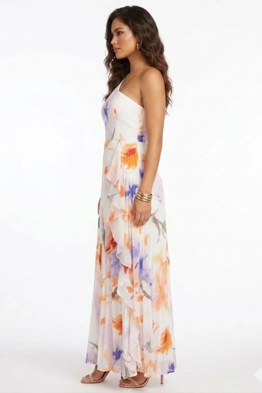 Chicways One-Shoulder Pleated Floral Maxi Dress