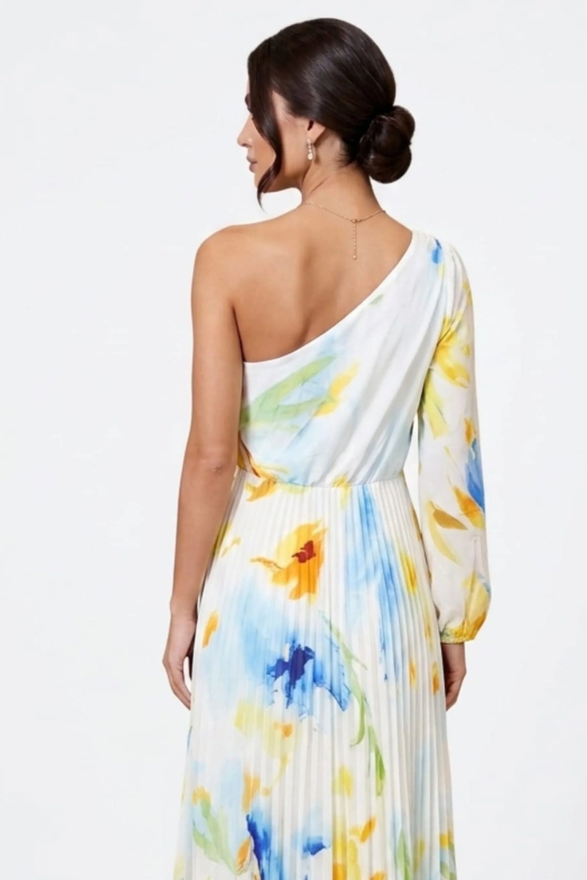 Chicways One-Shoulder Pleated Floral Maxi Dress
