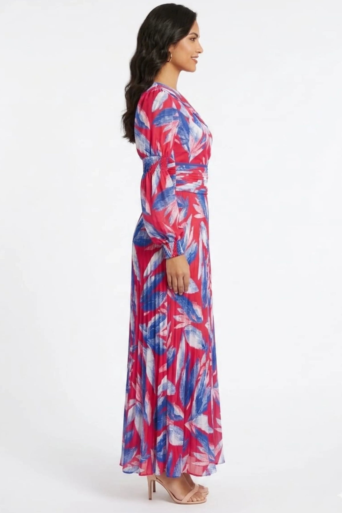 Chicways Crimson & Royal Blue Pleated One-Shoulder Maxi Dress