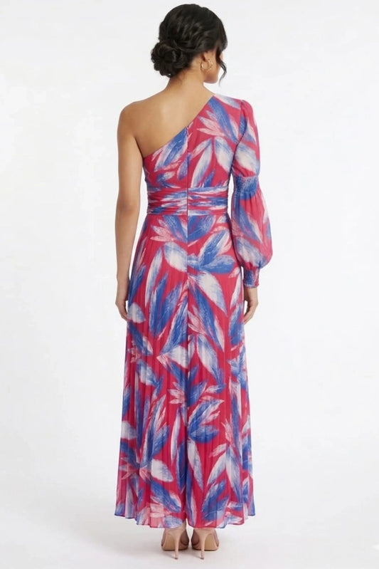 Chicways Crimson & Royal Blue Pleated One-Shoulder Maxi Dress