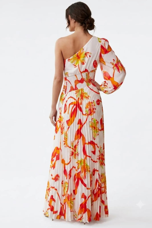 Chicways Vibrant One-Shoulder Pleated Floral Maxi Dress