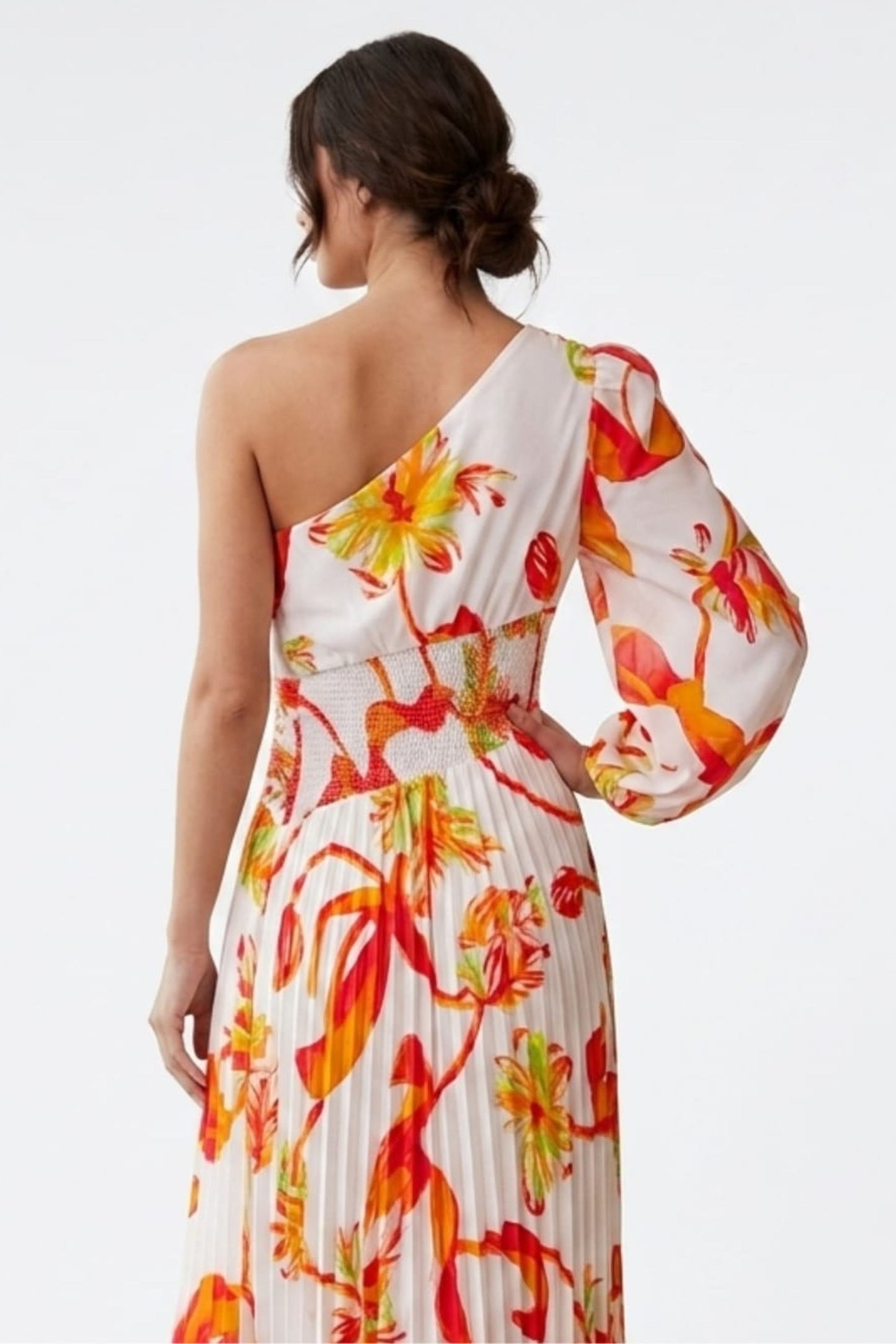 Chicways Vibrant One-Shoulder Pleated Floral Maxi Dress