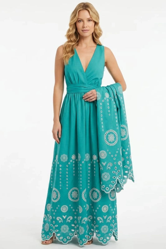 Chicways Jade Eyelet Embroidered Sleeveless Maxi Dress