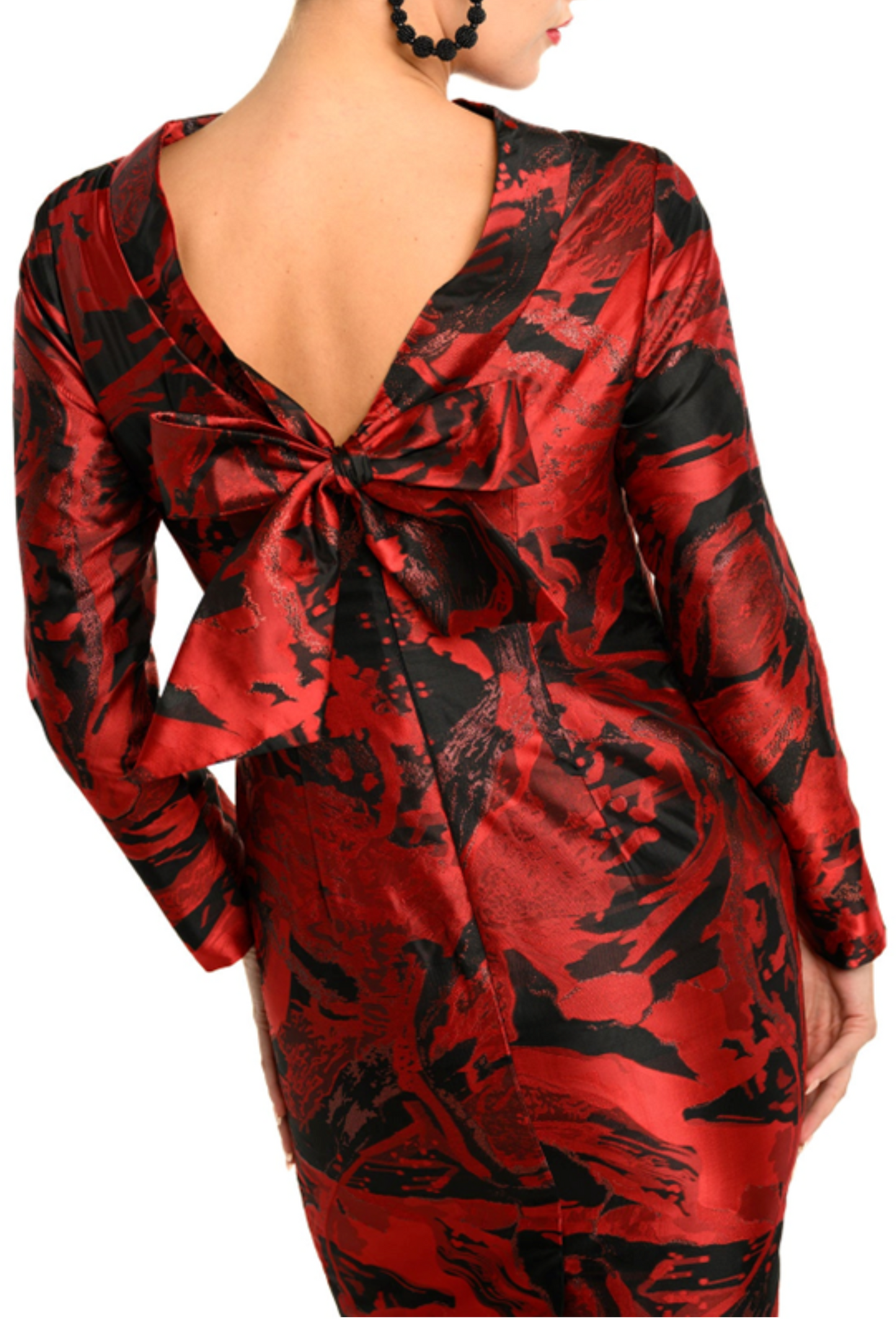 Cenia Metallic Abstract Back Bow Sheath Dress