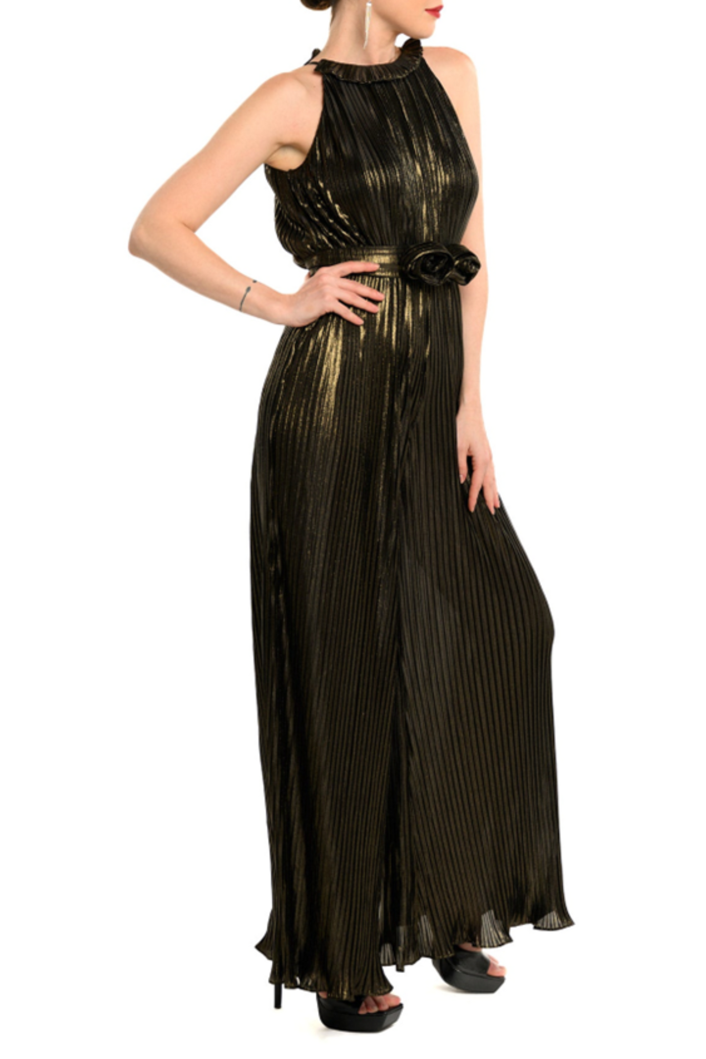 Cenia Metallic Pleated Halter Wide Leg Jumpsuit