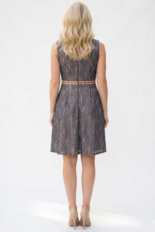 Cenia Crew Neckline Trim Stitch Detail Floral Lace Overlay Dress