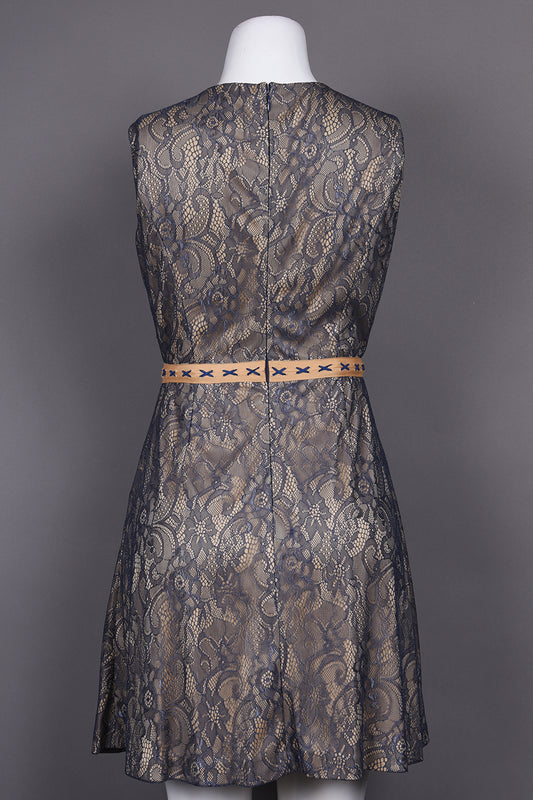 Cenia Crew Neckline Trim Stitch Detail Floral Lace Overlay Dress
