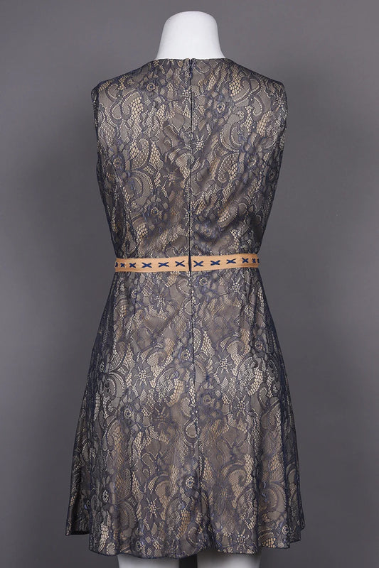 Cenia Crew Neckline Trim Stitch Detail Floral Lace Overlay Dress