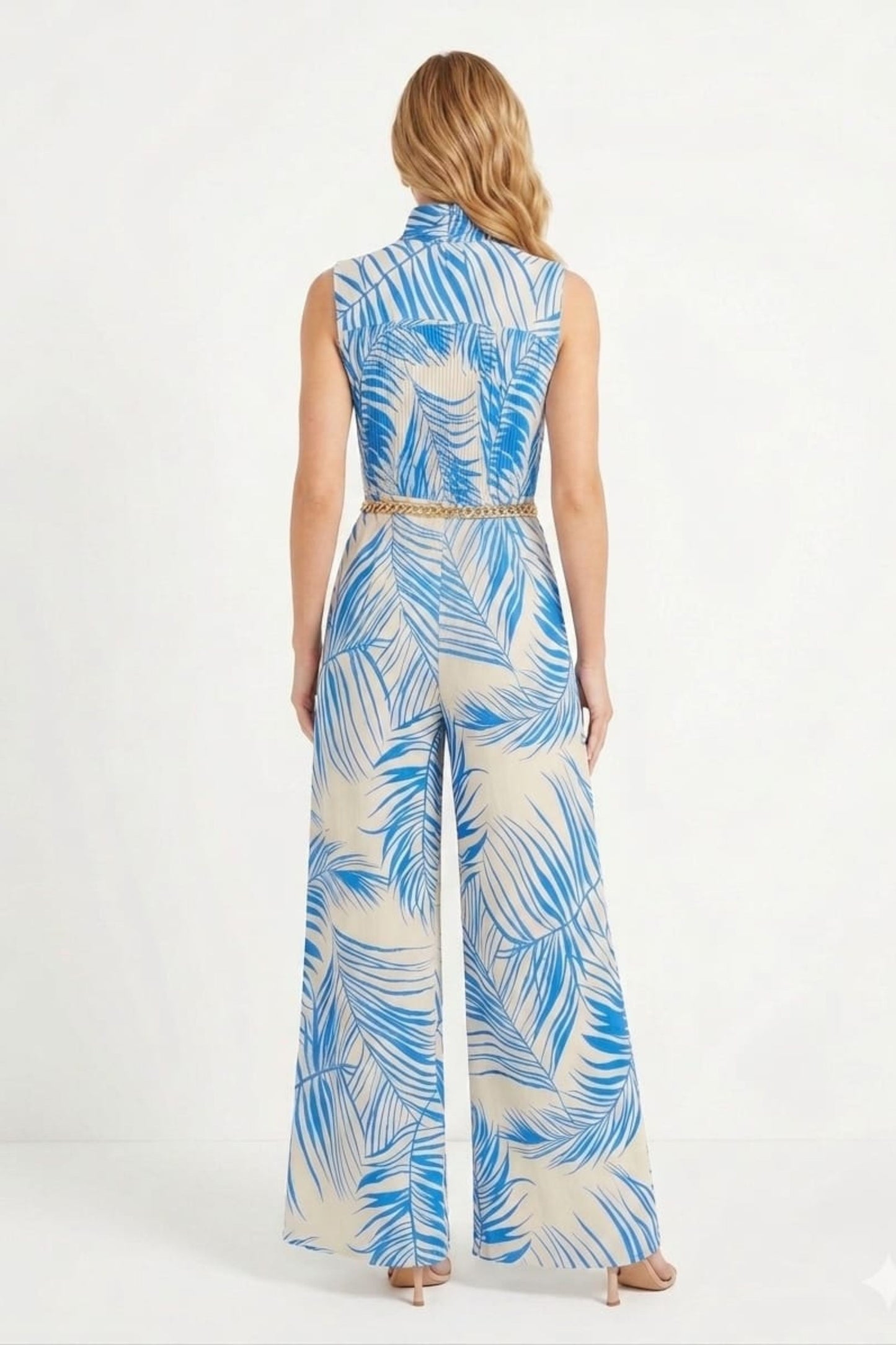 Chicways Tropical Palm Pleated Halter Jumpsuit