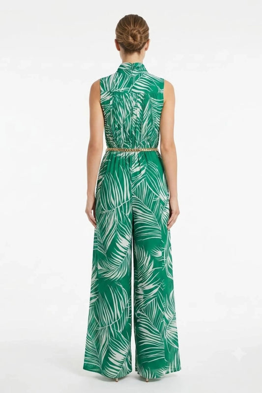 Chicways Tropical Palm Pleated Halter Jumpsuit