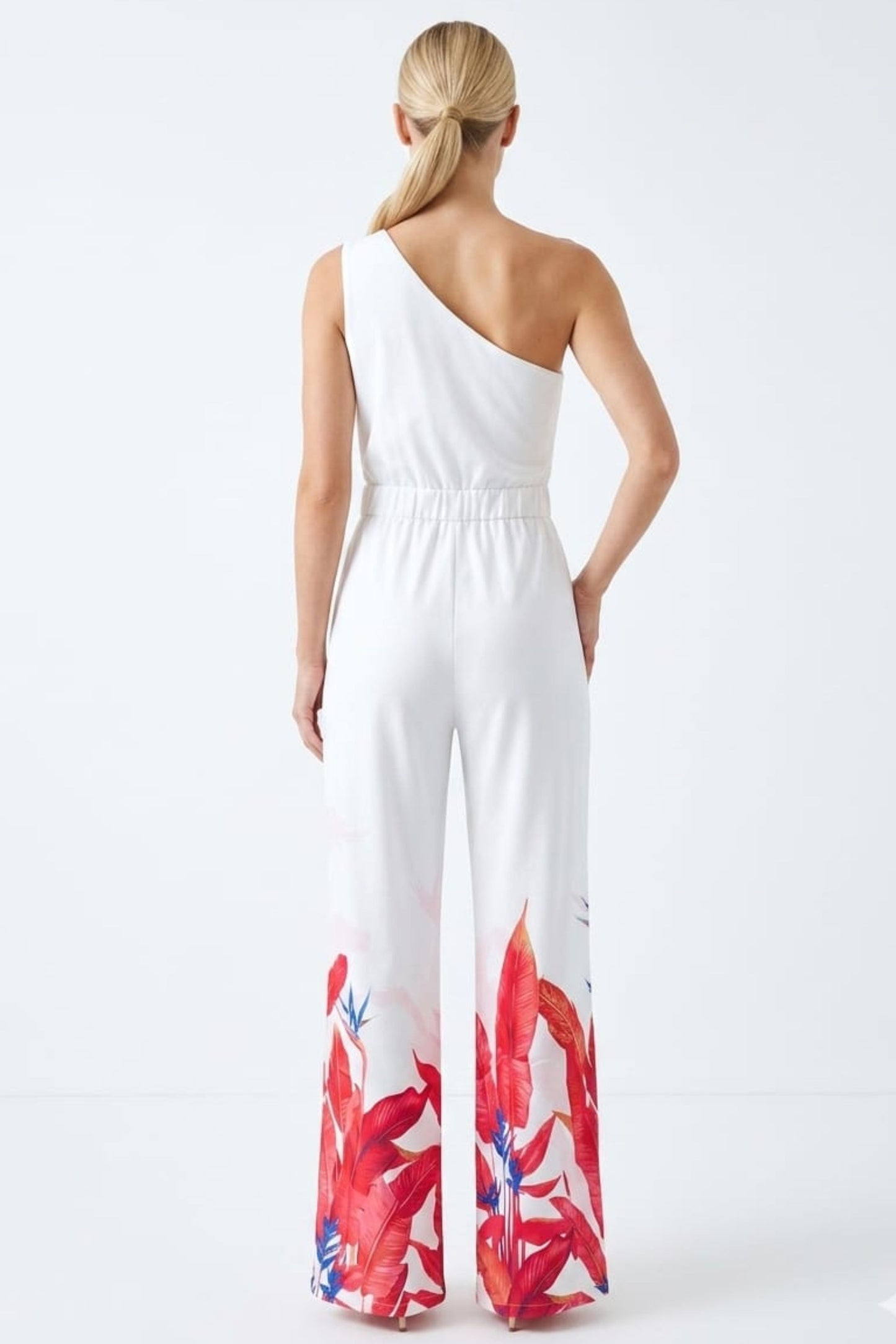 Chicways Crimson Tropical One-Shoulder Wide-Leg Jumpsuit