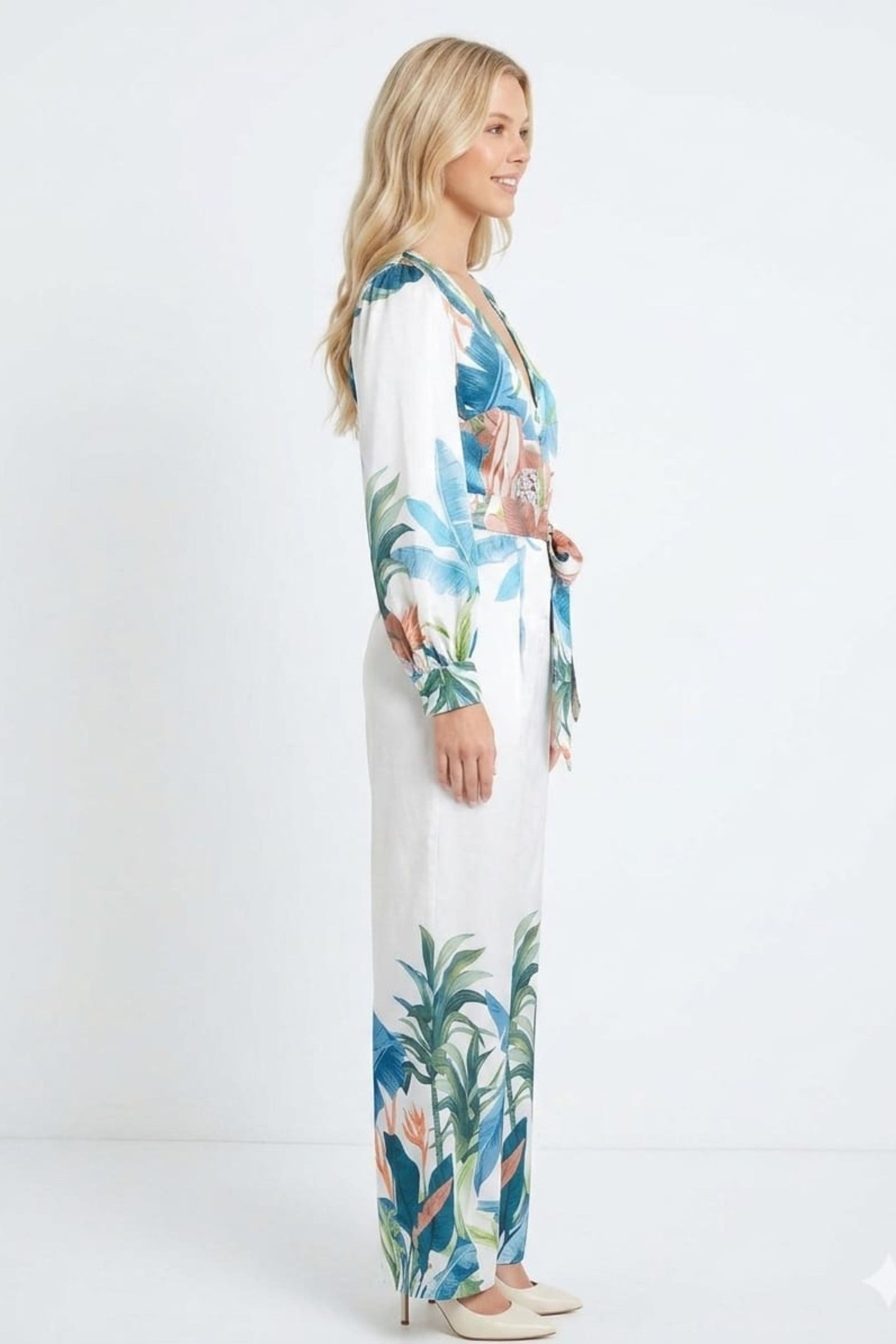 Chicways Botanical Long-Sleeve Wide-Leg Jumpsuit
