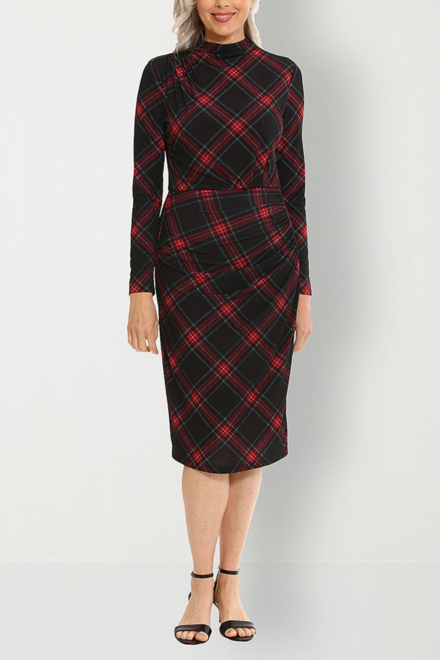 Clover & Sloane Plaid Ruched Mock Neck Midi Dress