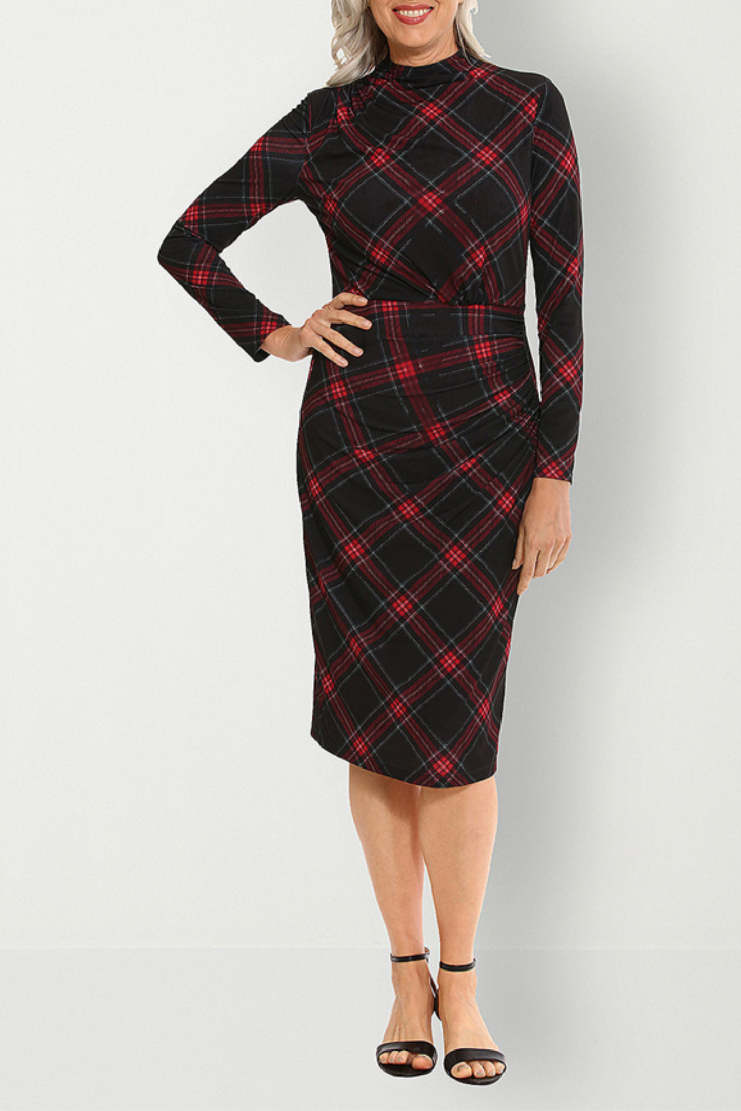 Clover & Sloane Plaid Ruched Mock Neck Midi Dress