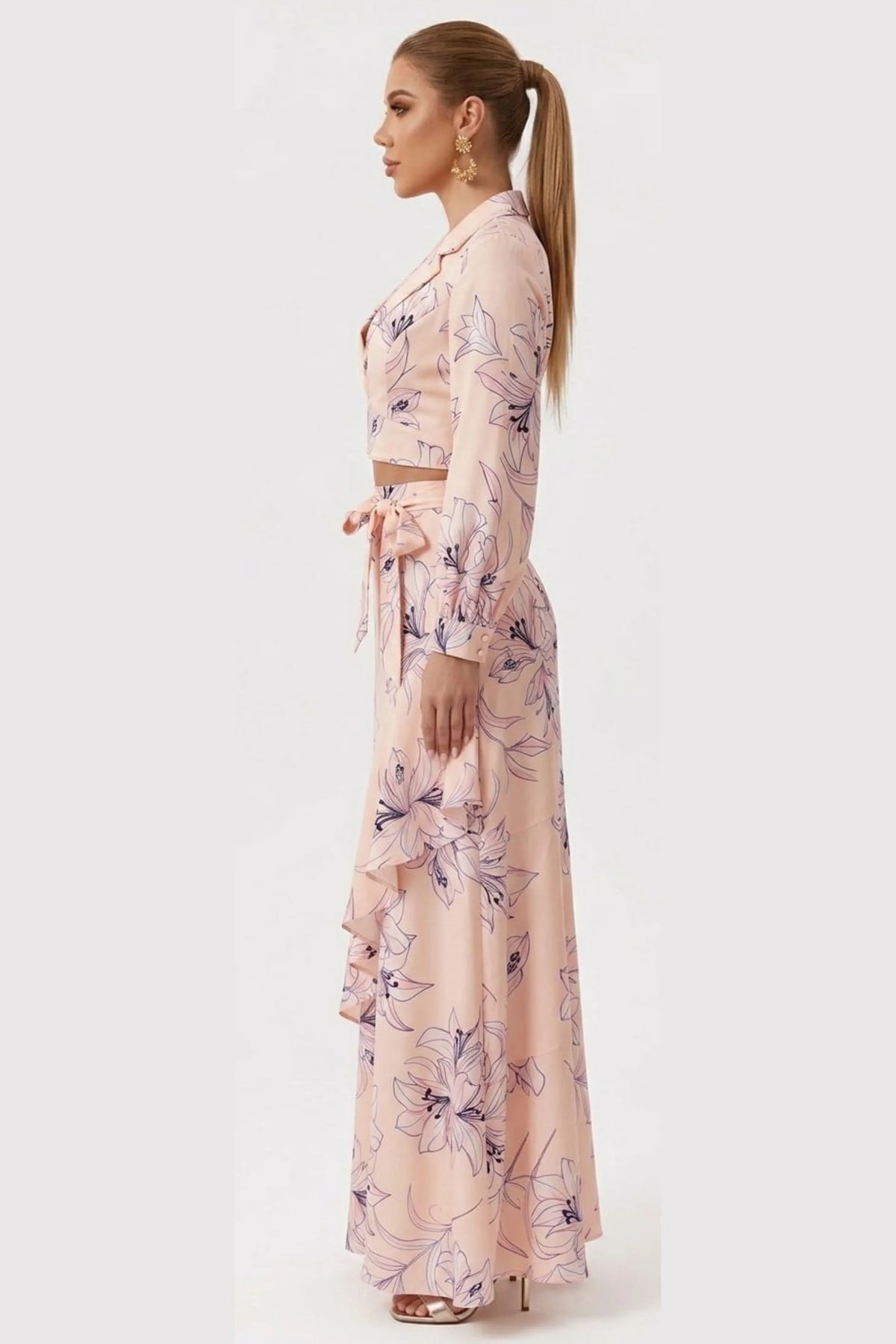 Chicways Apricot Blossom Two-Piece Crop Top & Ruffle Maxi Skirt Set