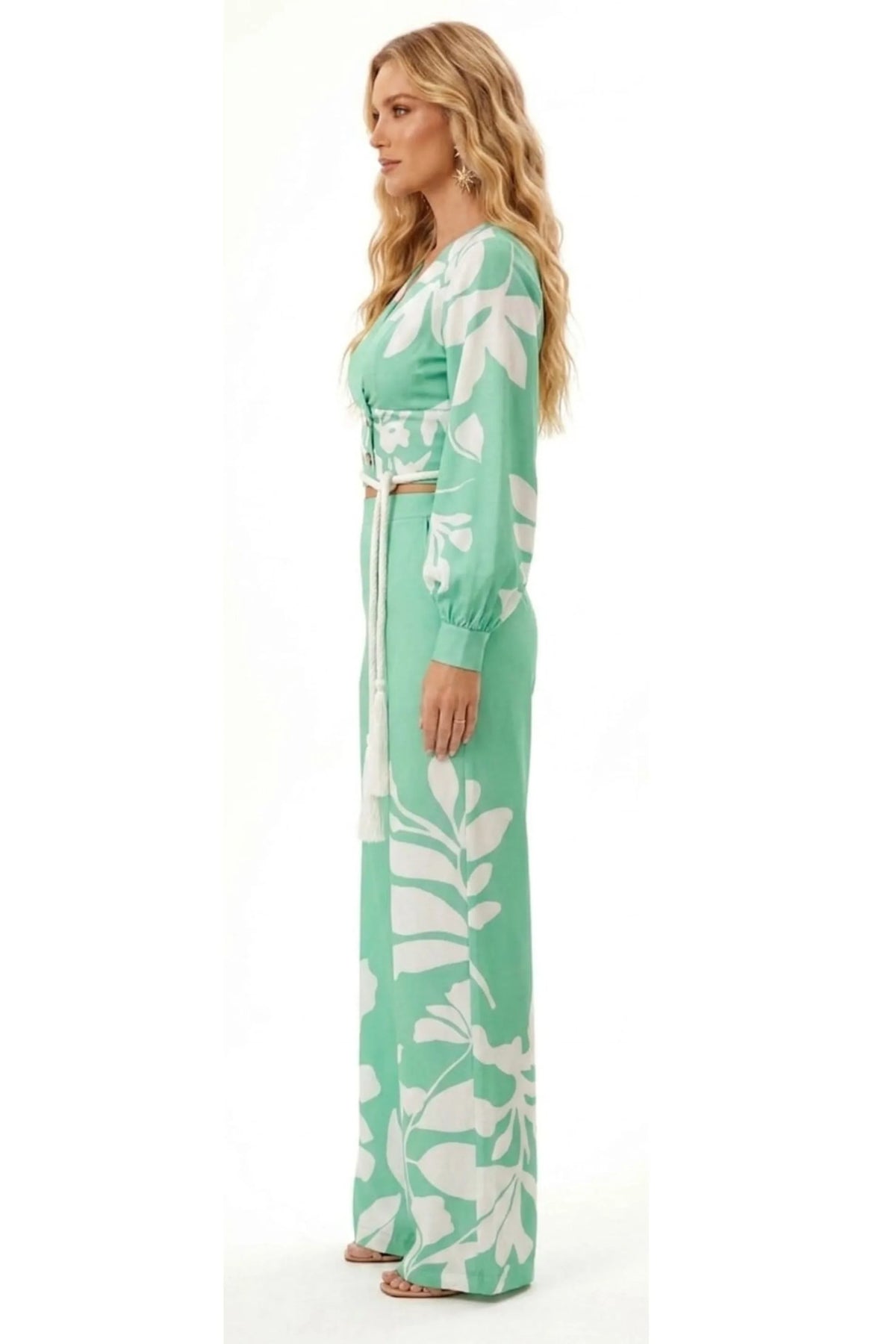 Chicways Tropical Breeze Two-Piece Crop Top & Wide-Leg Pant Set