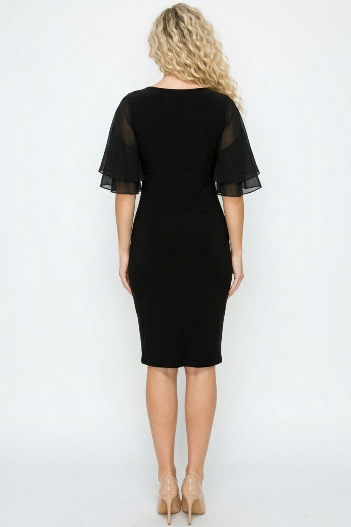 Connected Apparel Black Side-Ruched Sheath Dress with Tiered Chiffon Flutter Sleeves